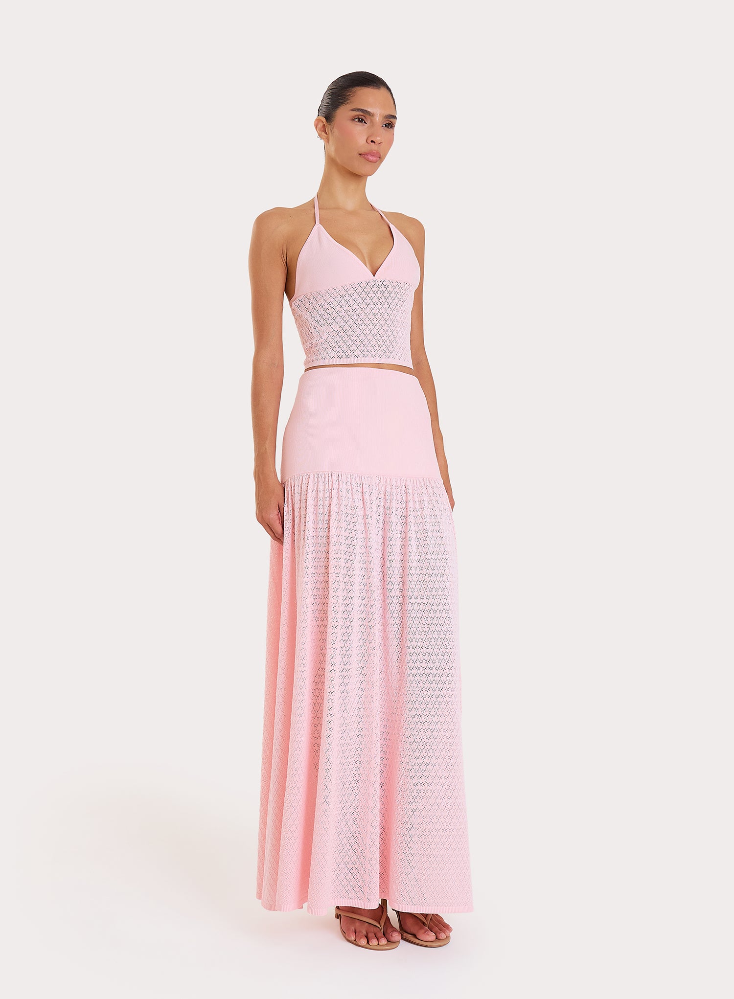Pink Contrast Knit Drop Waist Maxi Skirt